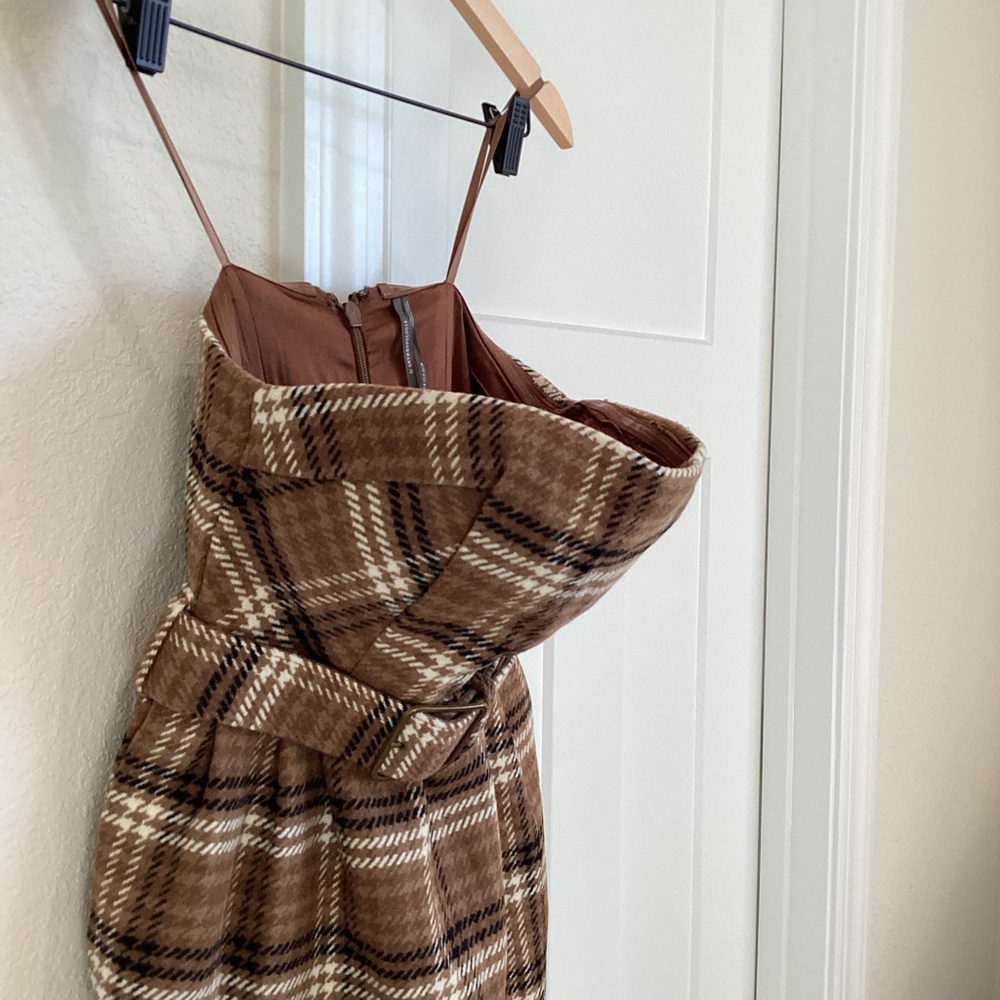 Anthropologie Strapless Belted Midi Dress New Plaid Brown Wool Size 2 - Picture 6 of 16
